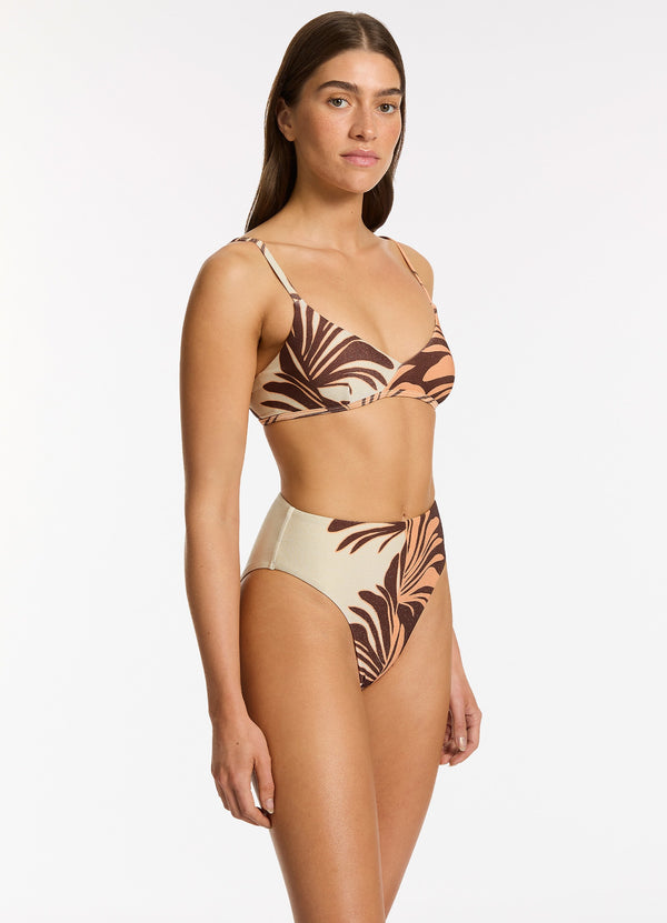Dahlia Palm High Leg High Waist Bikini Bottom - Chocolate