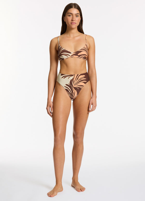 Dahlia Palm High Leg High Waist Bikini Bottom - Chocolate