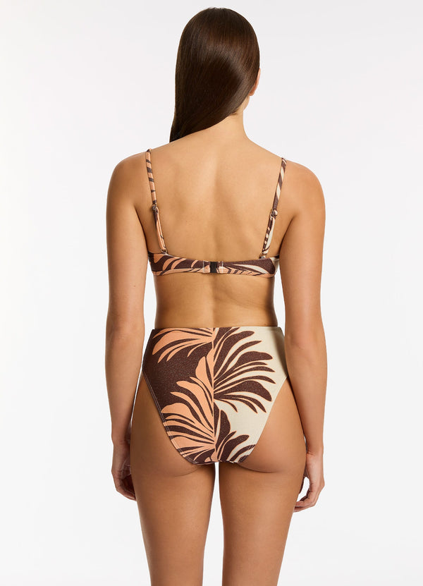 Dahlia Palm High Leg High Waist Bikini Bottom - Chocolate