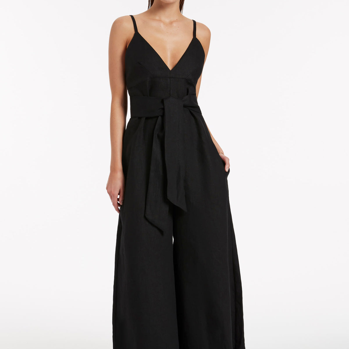 Kitts V Neck Cheesecloth Jumpsuit with Cap Sleeves - Black main image 0