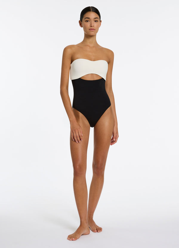 Versa Rib Cut Out Bandeau One Piece - Black/Cream