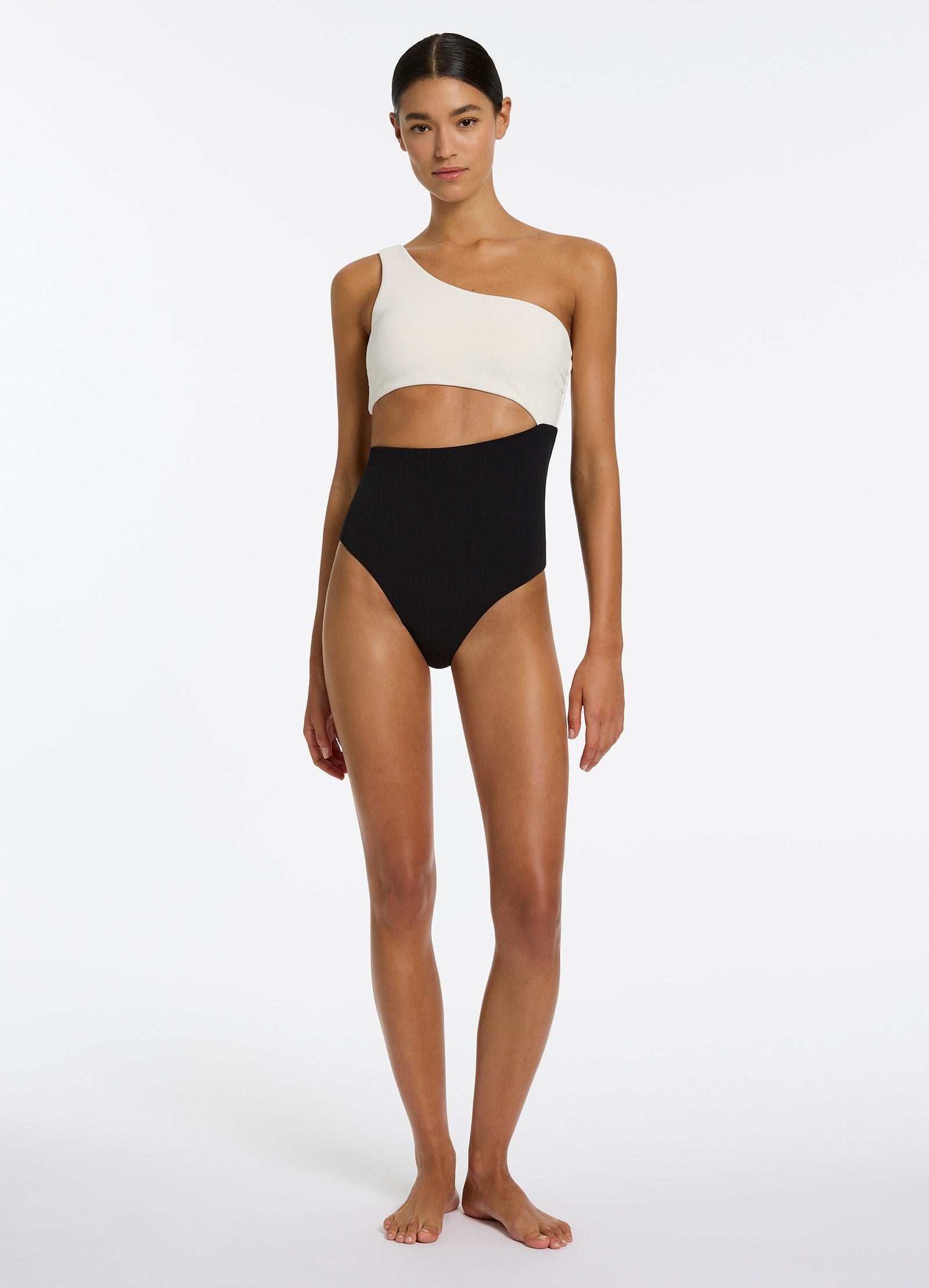 Black and white one shoulder swimsuit on sale