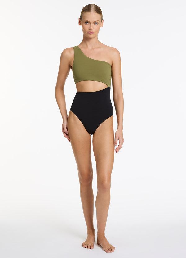 Versa Rib One Shoulder One Piece - Black/Moss