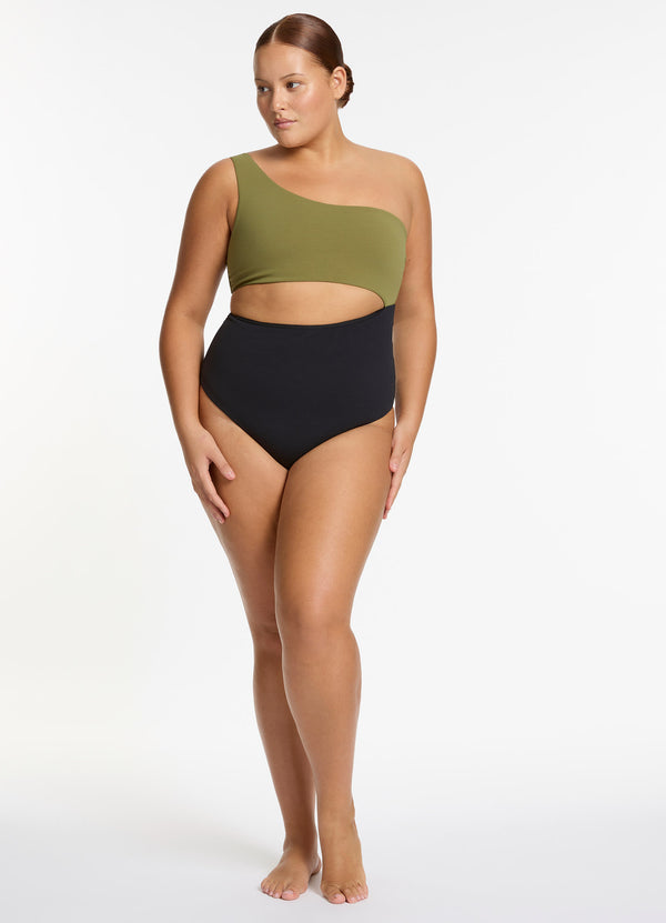 Versa Rib One Shoulder One Piece - Black/Moss