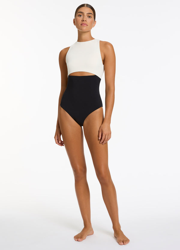 Versa Rib Cut Out High Neck One Piece - Black/Cream