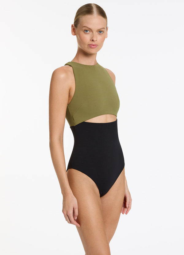 Versa Rib Cut Out High Neck One Piece - Black/Moss