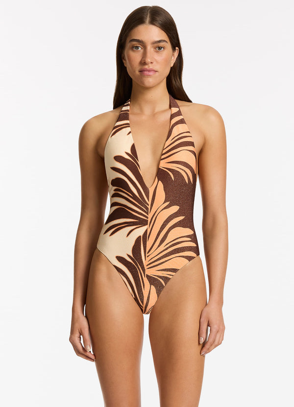 Dahlia Palm Plunge One Piece - Chocolate