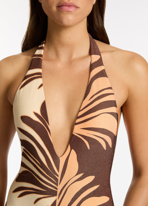 Dahlia Palm Plunge One Piece - Chocolate