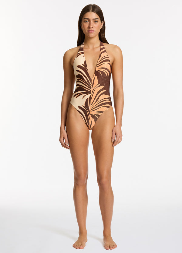 Dahlia Palm Plunge One Piece - Chocolate