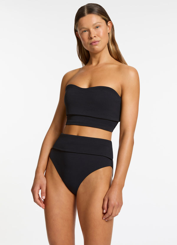 Isla Rib Fold Down High Waisted Bikini Bottom - Black