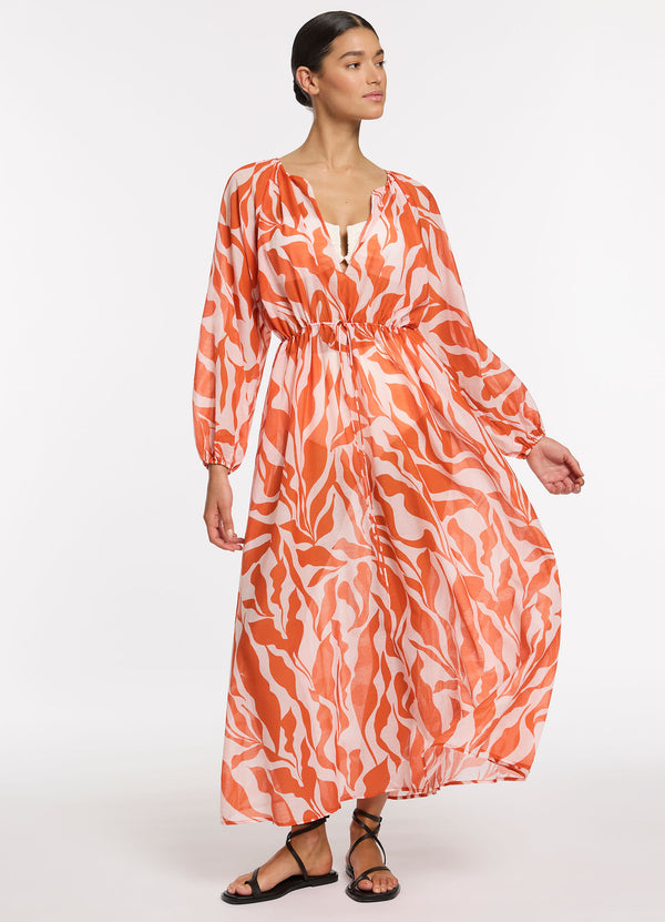 Sereno Ditsy Long Sleeve Maxi Dress - Coral