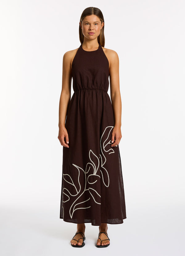 Dahlia Palm Embroidered Maxi Dress - Chocolate