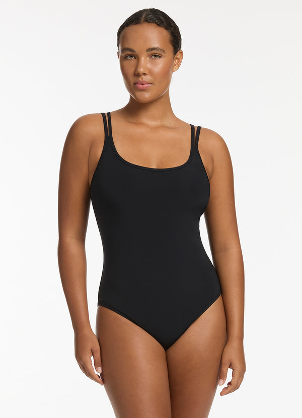 Size 12-14 Womens Black Strappy Cut Out Swimwear Swimmers One Piece Togs