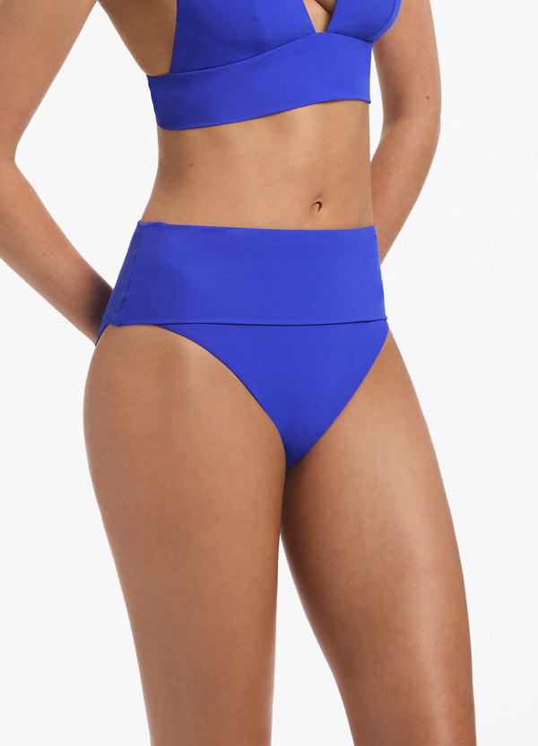 Jetset Fold Down High Waisted Bikini Bottom - Sapphire