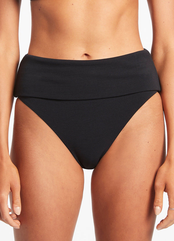 Isla Rib Fold Down High Waisted Bikini Bottom - Black