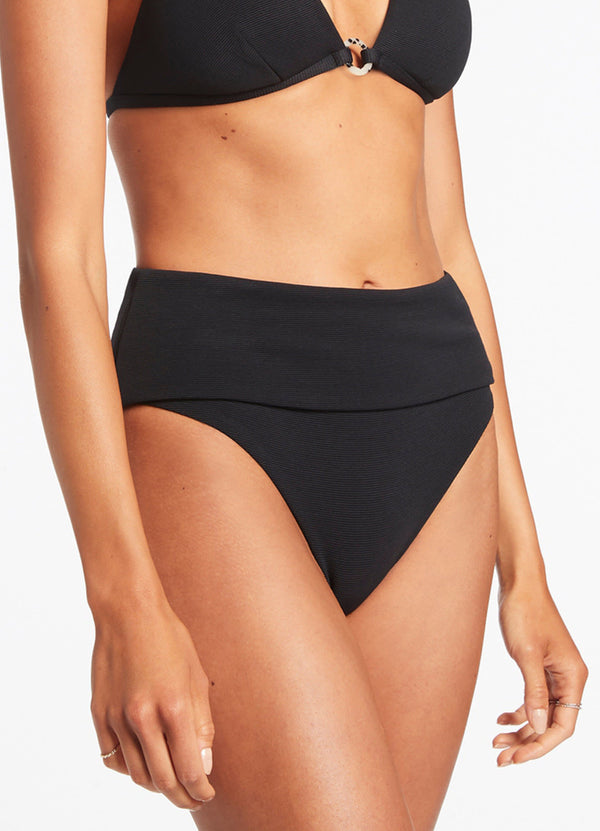 Isla Rib Fold Down High Waisted Bikini Bottom - Black