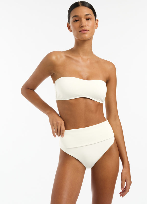 Isla Rib Fold Down High Waisted Bikini Bottom - Cream