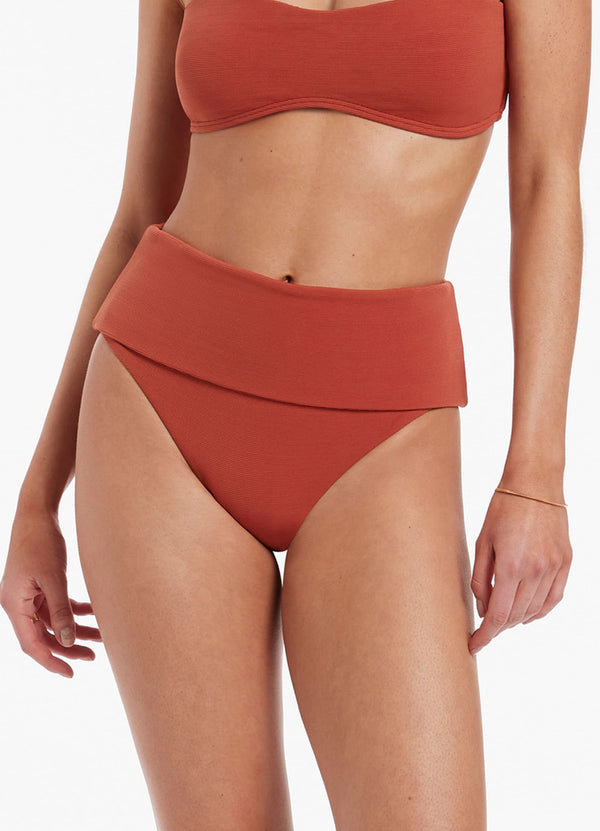 Isla Rib Fold Down High Waisted Bikini Bottom - Russet