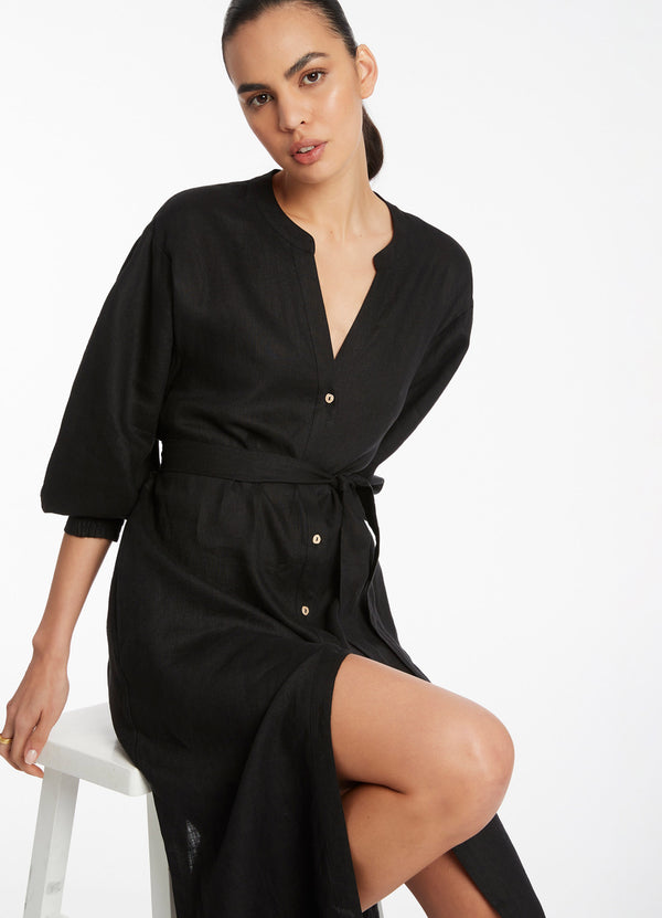 black shirt dress australia Women's Elegant Black Shirt-Style Dress with Lantern Sleeves