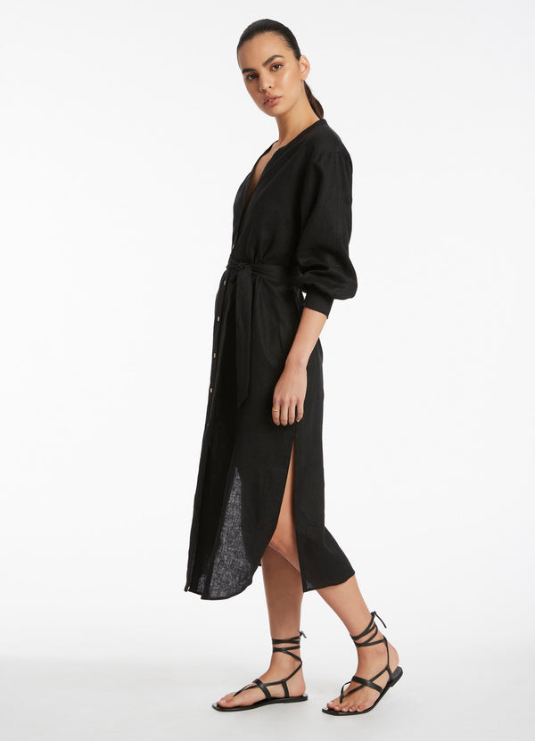 Jetset Shirred Cuff Shirt Dress - Black